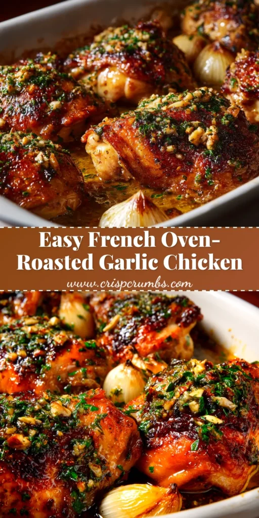 A beautiful hero shot of the finished Oven-Roasted French Garlic Chicken on a platter, ready to be served. The skin is golden-brown and crispy, garnished with fresh herbs.