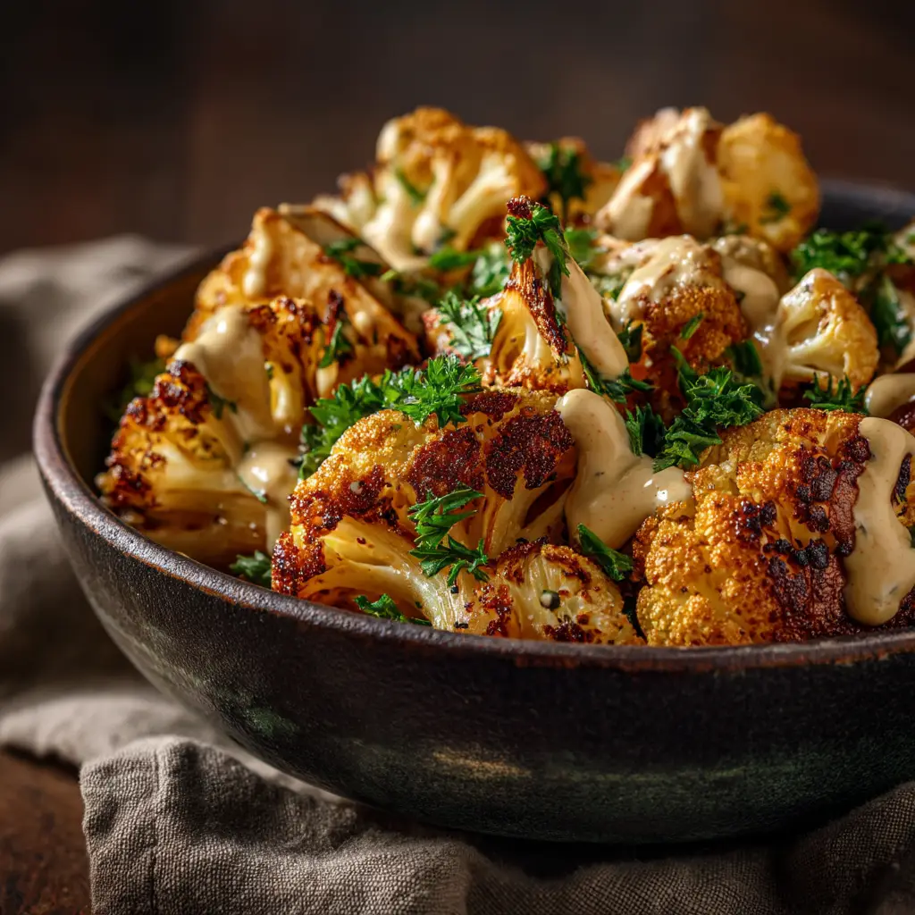 A serving bowl filled with oven-roasted Moroccan cauliflower, garnished with fresh herbs and ready to be served.