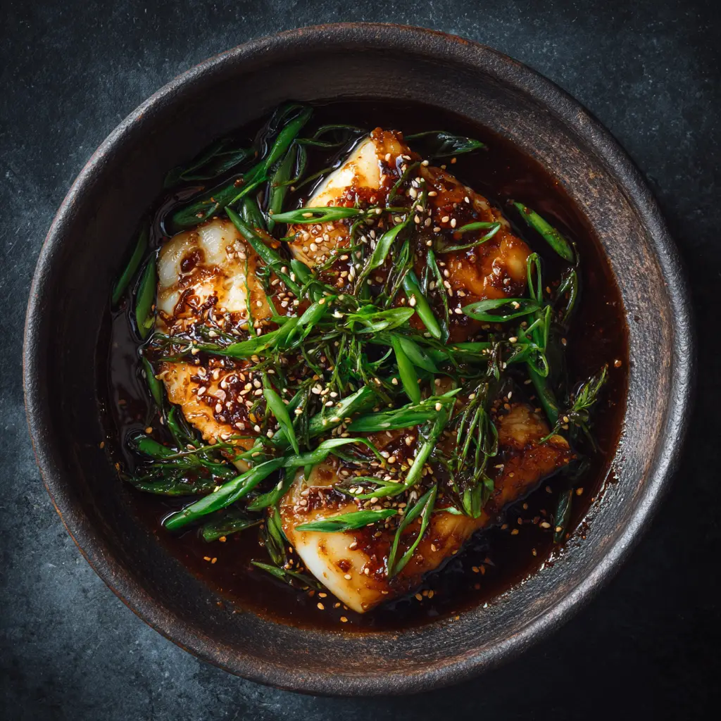 An overhead shot of pan-seared ginger soy cod, glistening with a savory glaze and topped with fresh herbs. The fish is presented beautifully in a rustic pan.