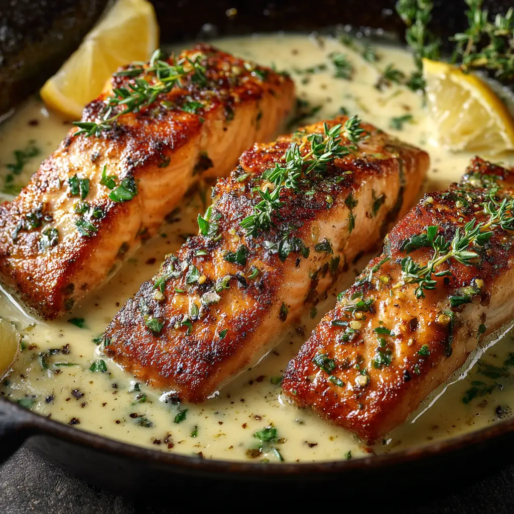 A pan-seared salmon fillet being basted with lemon garlic butter in a cast iron skillet, a key step for adding flavor.