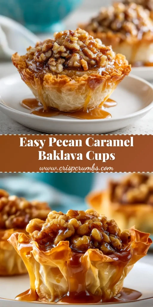 A beautiful platter of Pecan Caramel Baklava Cups, showing the crispy phyllo layers, nutty filling, and a glossy caramel honey syrup drizzle. A perfect bite-sized dessert.