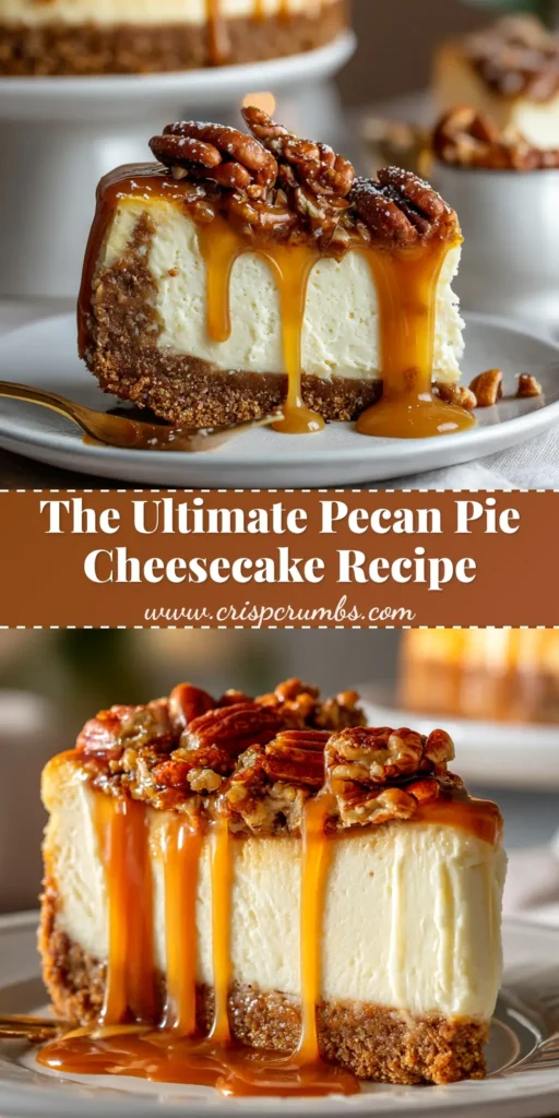 A stunning overhead shot of a whole Pecan Pie Cheesecake, showing the glossy pecan topping and creamy cheesecake layer. The perfect holiday dessert recipe.