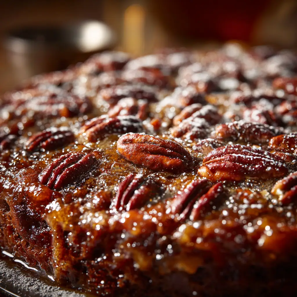 An overhead view of the golden-brown, crispy topping of the easy Pecan Pie Dump Cake after baking.