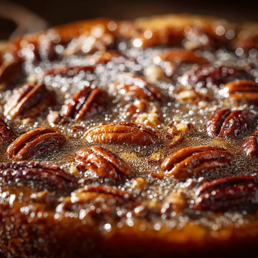 Extreme close-up of a freshly baked Pecan Pie Dump Cake in a baking dish, highlighting the bubbly caramel filling and toasted pecans.