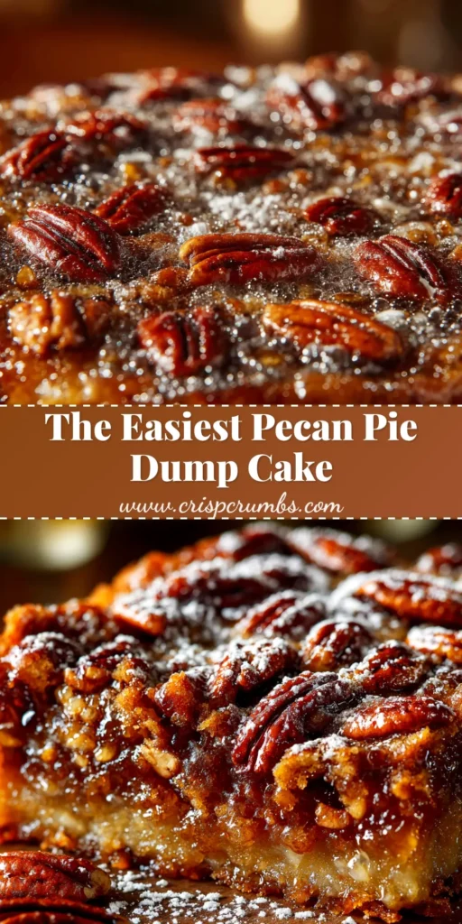 A slice of delicious Pecan Pie Dump Cake on a white plate, showing the gooey pecan filling and the crispy, golden-brown topping. A fork is resting next to the slice.