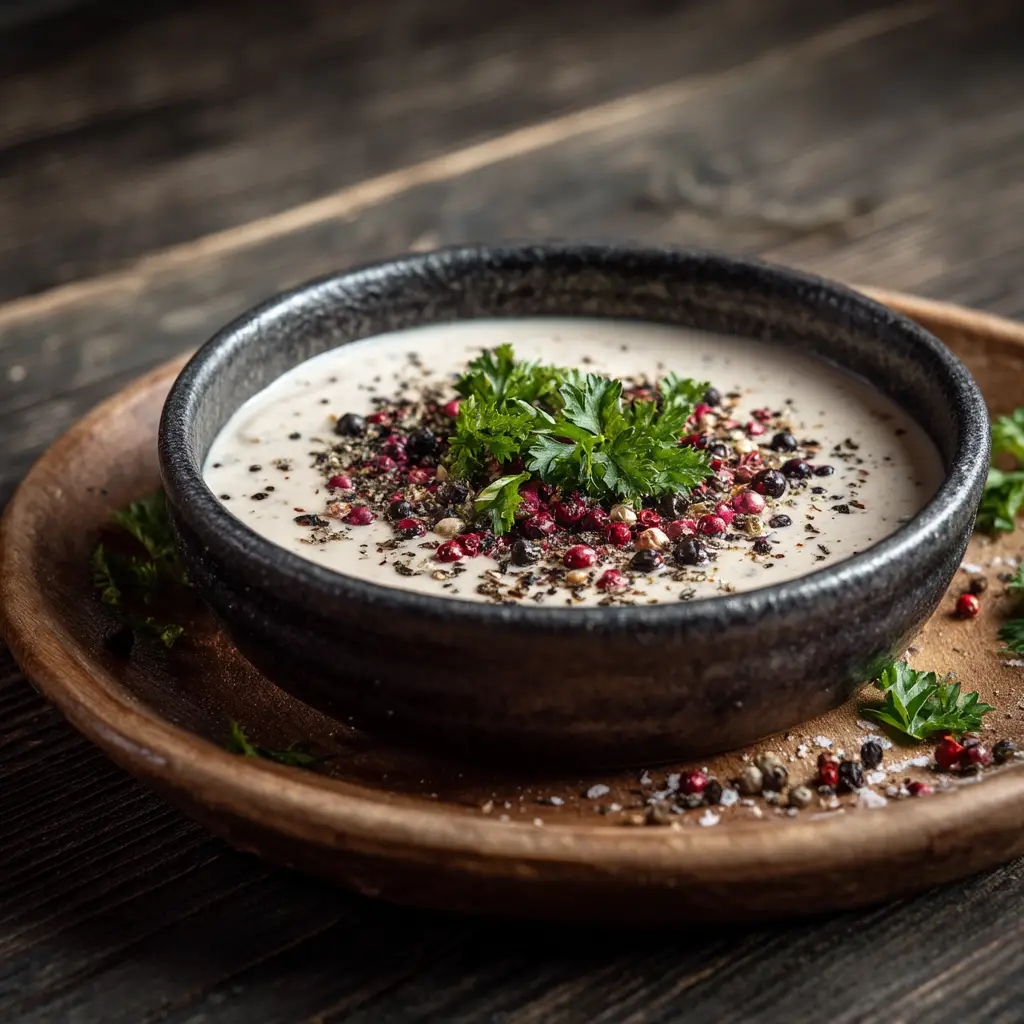 A finished dish featuring peppercorn sauce generously poured over a sliced steak, ready to be served.