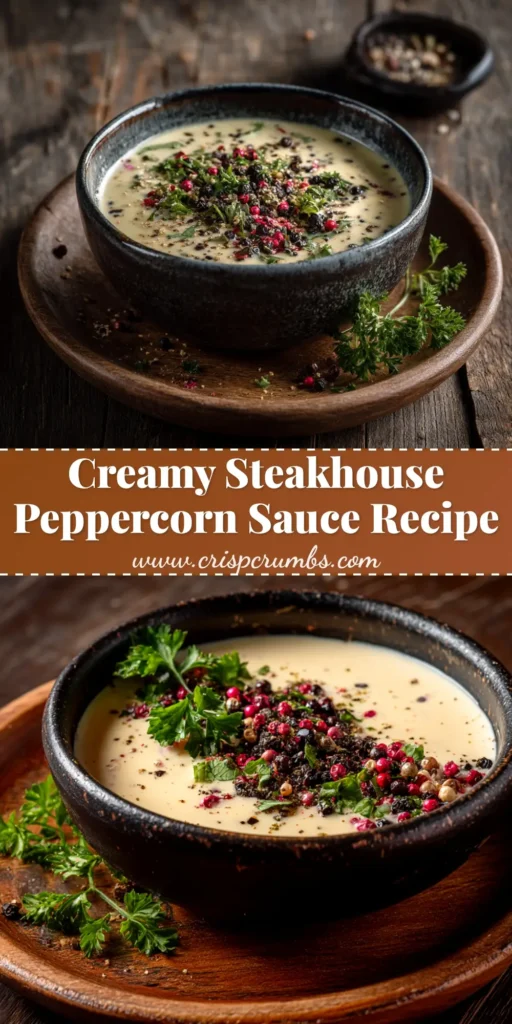 A stunning hero shot of a creamy peppercorn sauce recipe, drizzled over a perfectly cooked steak, with bold text overlay.