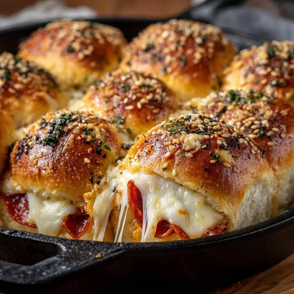 An extreme close-up shot of freshly baked pizza sliders, showing the gooey melted mozzarella cheese and pepperoni layered inside Hawaiian rolls.