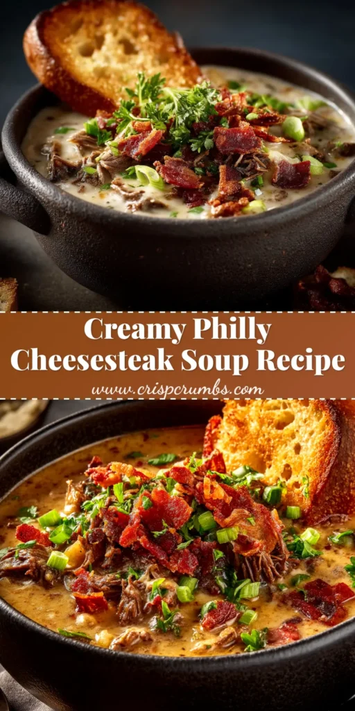 A hearty bowl of creamy Philly cheesesteak soup recipe, topped with melted provolone cheese, sautéed peppers, and tender steak.