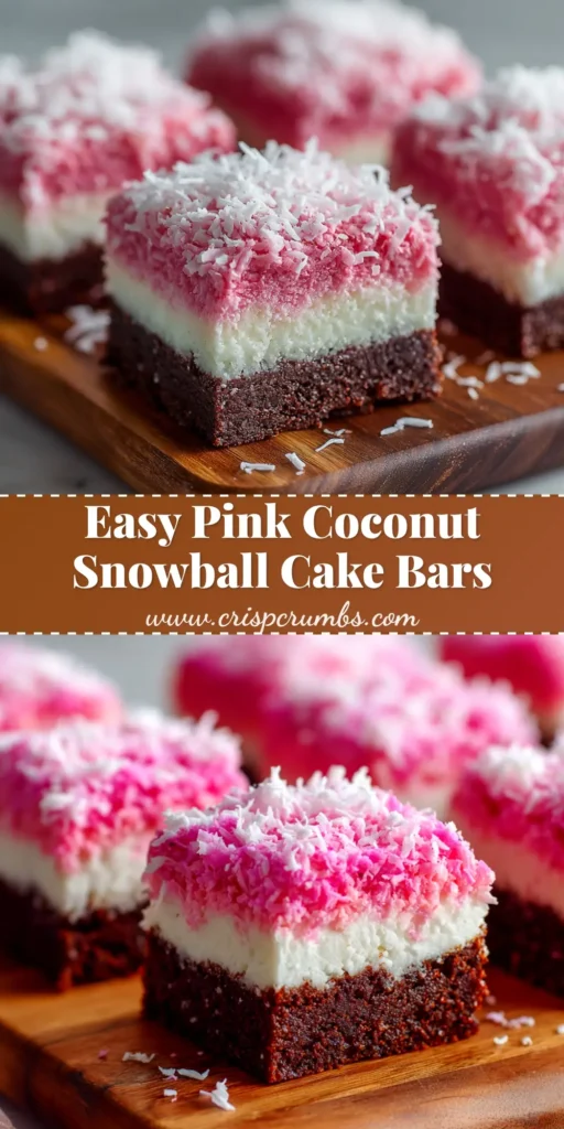 A platter of delicious Pink Coconut Snowball Cake Bars, showing the fluffy pink cake, marshmallow frosting, and a generous coating of shredded coconut. The perfect easy party dessert recipe.