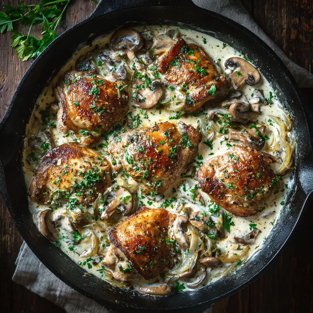 A serving of Irish Whiskey Chicken on a plate, paired with mashed potatoes. The rich, creamy sauce is draped over the chicken.