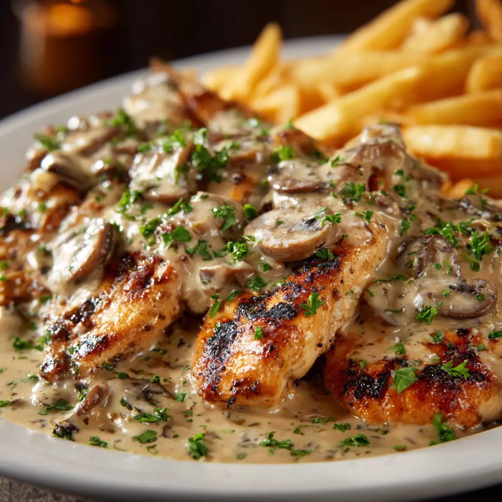 A serving of smothered chicken on a plate, highlighting the tender grilled chicken smothered in savory toppings next to a side of mashed potatoes.