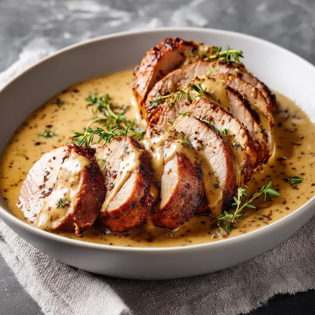 A close-up view of the finished creamy pork tenderloin recipe, with sliced pork simmering in the rich dijon mustard sauce in a skillet.