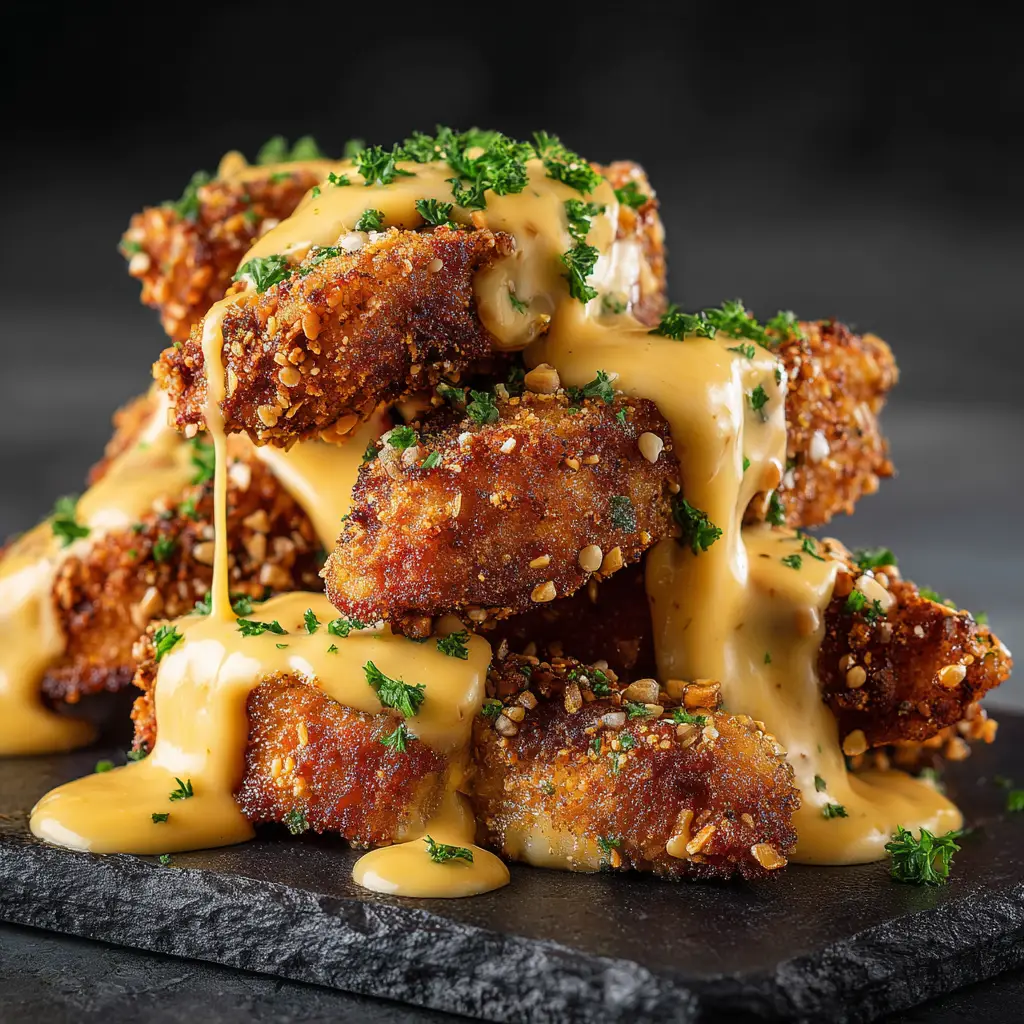 A close-up shot of pretzel-crusted chicken, highlighting the crispy, golden-brown texture of the pretzel coating.