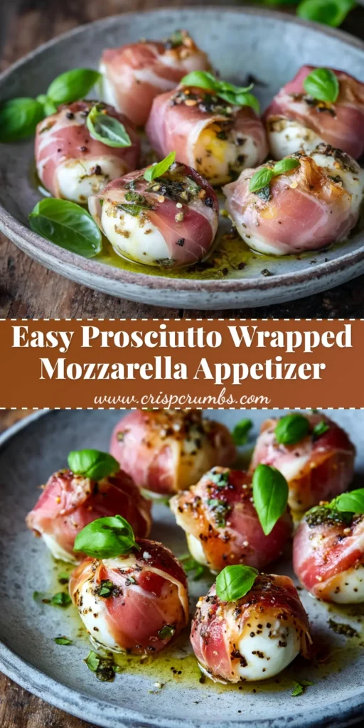 An overhead shot of crispy prosciutto wrapped mozzarella bites on a white platter, drizzled with balsamic glaze and garnished with fresh basil. The perfect easy party appetizer.