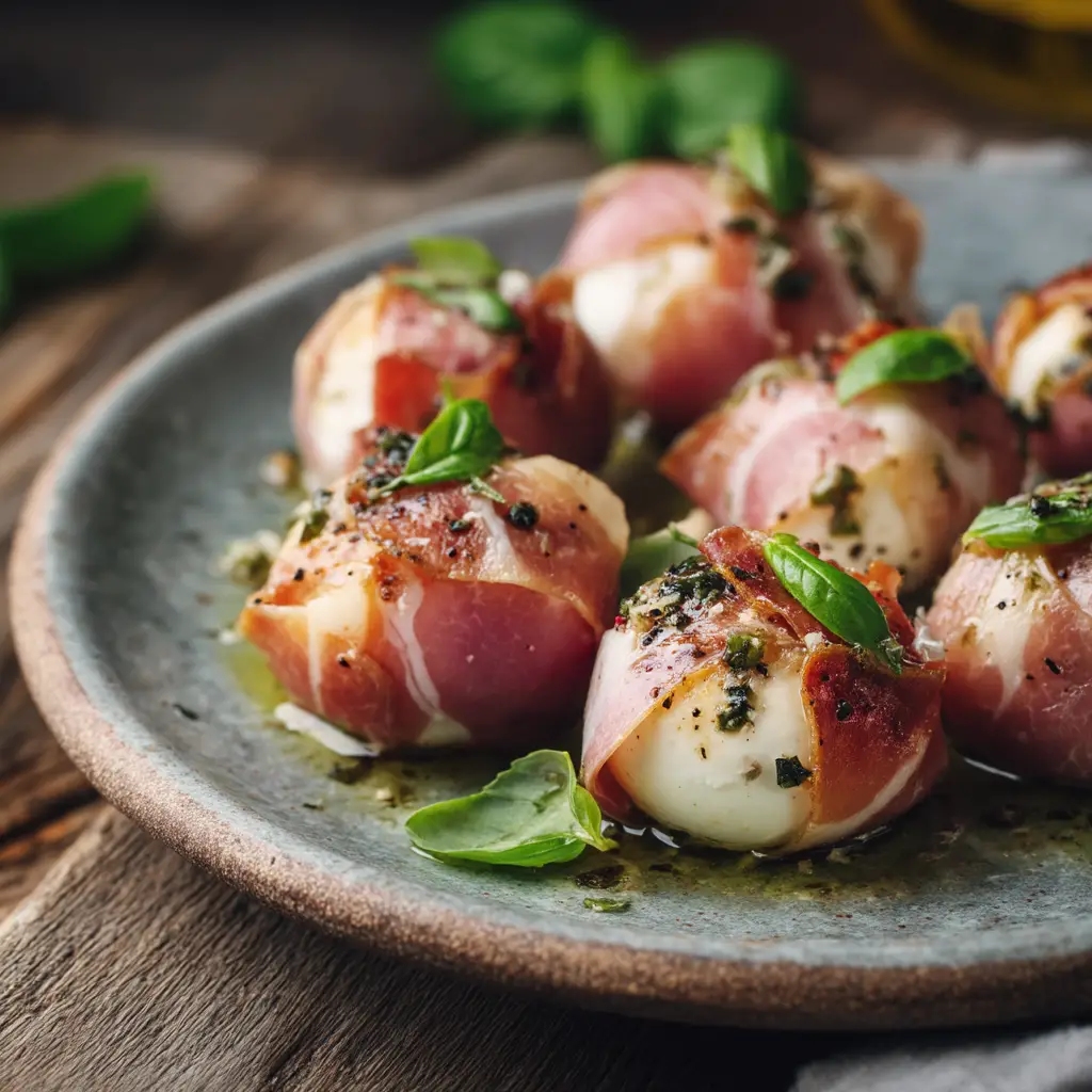 A platter of finished prosciutto wrapped mozzarella bites, showcasing the melted cheese and crispy prosciutto, ready to be served as an easy party appetizer.