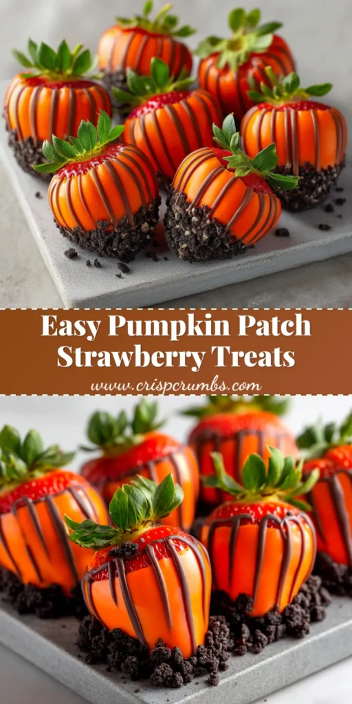An overhead shot of finished Pumpkin Patch Strawberries arranged on a platter with Oreo dirt. The strawberries are bright orange with chocolate sprinkle stems.