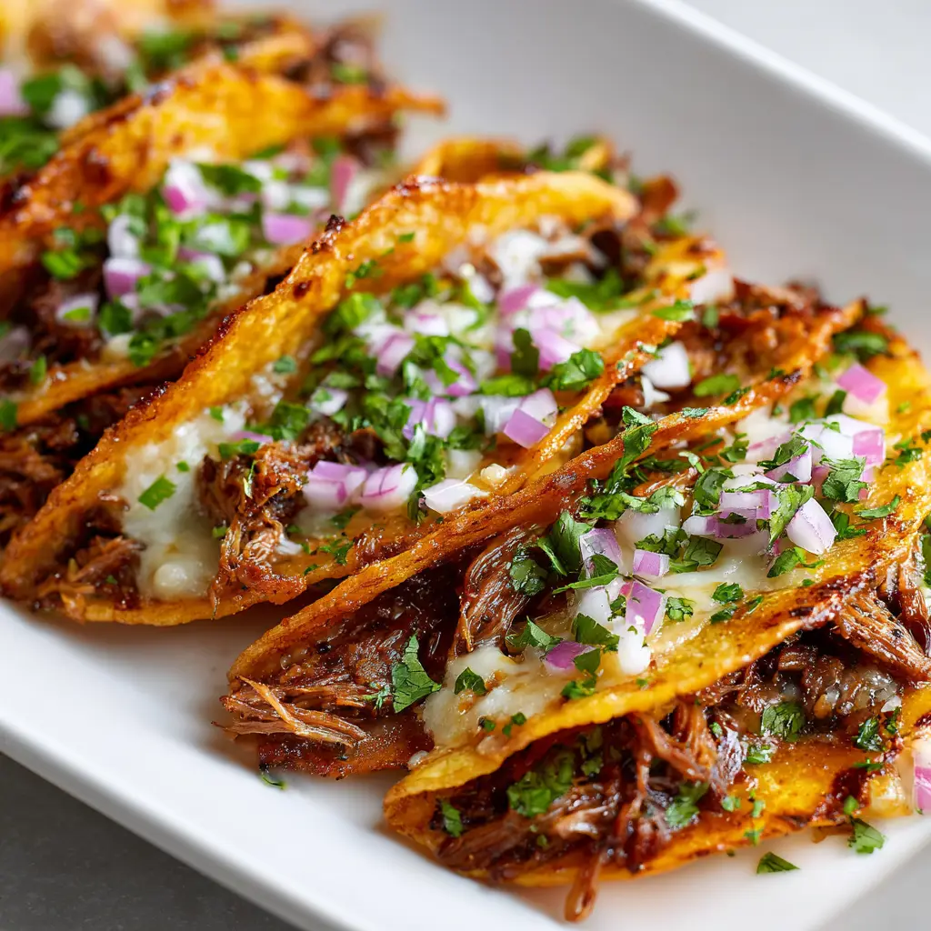 A plate of assembled slow cooker birria tacos, showing the melted cheese and tender shredded beef inside the crispy shells.
