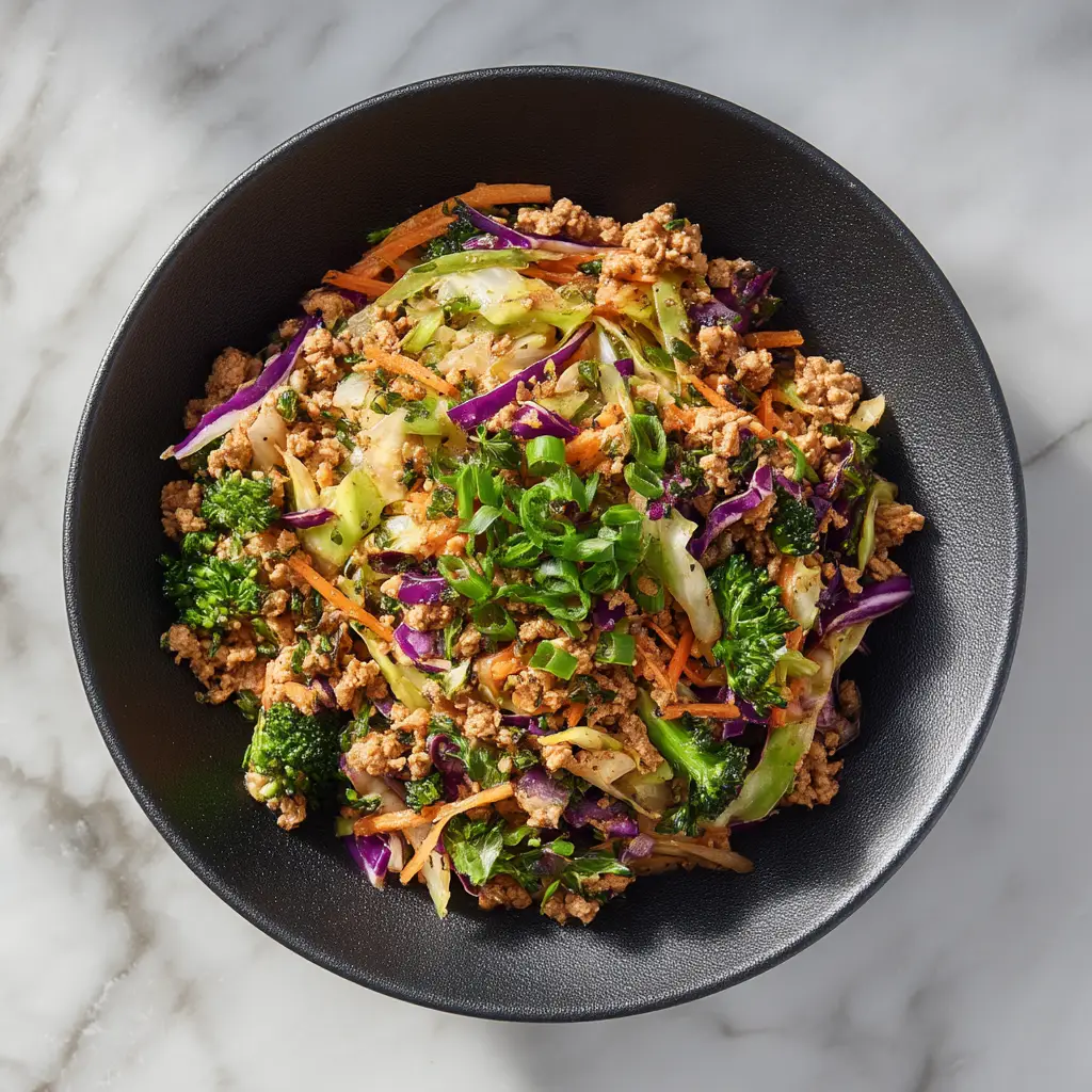A prepared bowl of the quick 30-minute egg roll stir fry, ready to be served. The creamy sriracha sauce is drizzled on top, adding a pop of color.