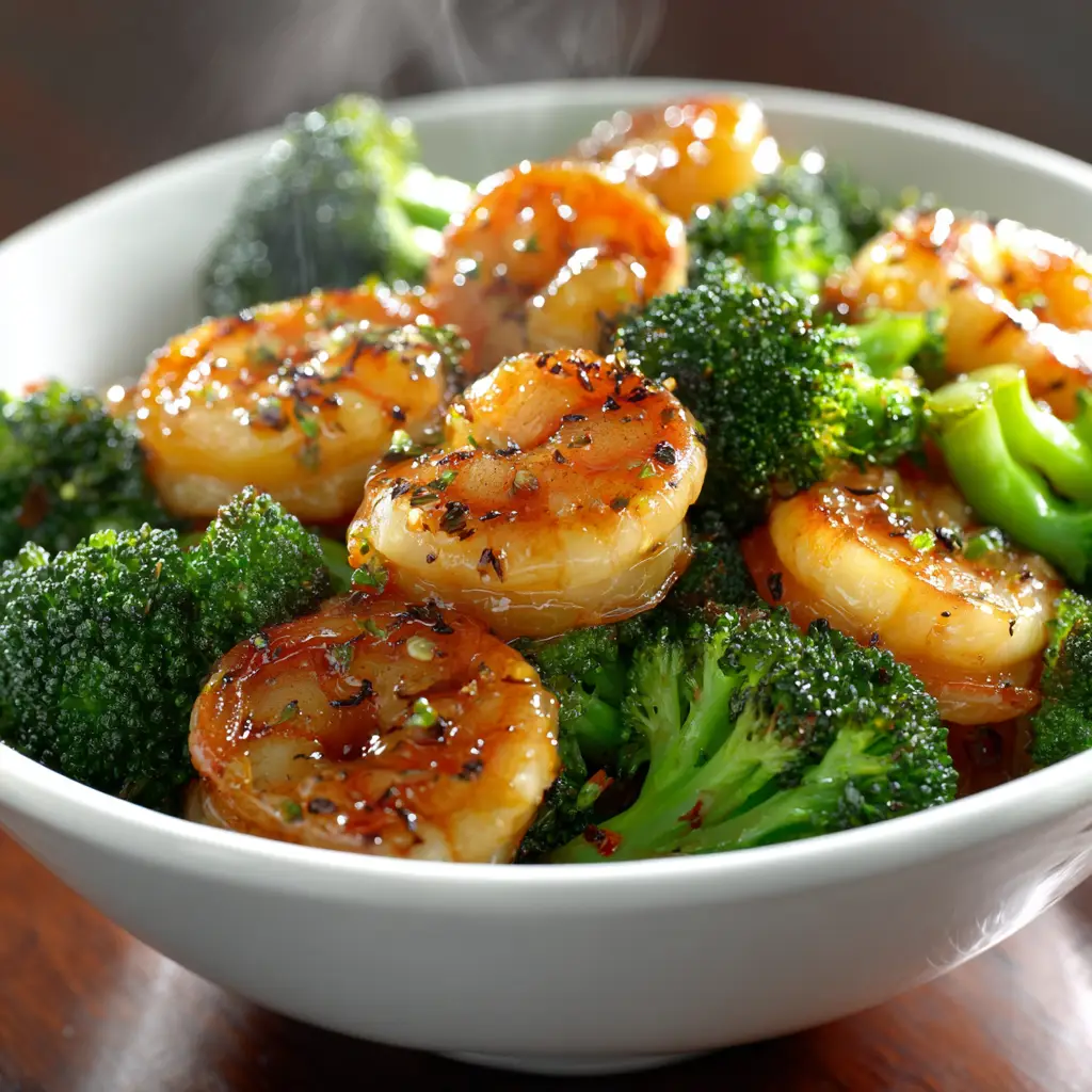 A white bowl filled with quick honey garlic shrimp stir fry, ready to be served for a simple weeknight dinner.