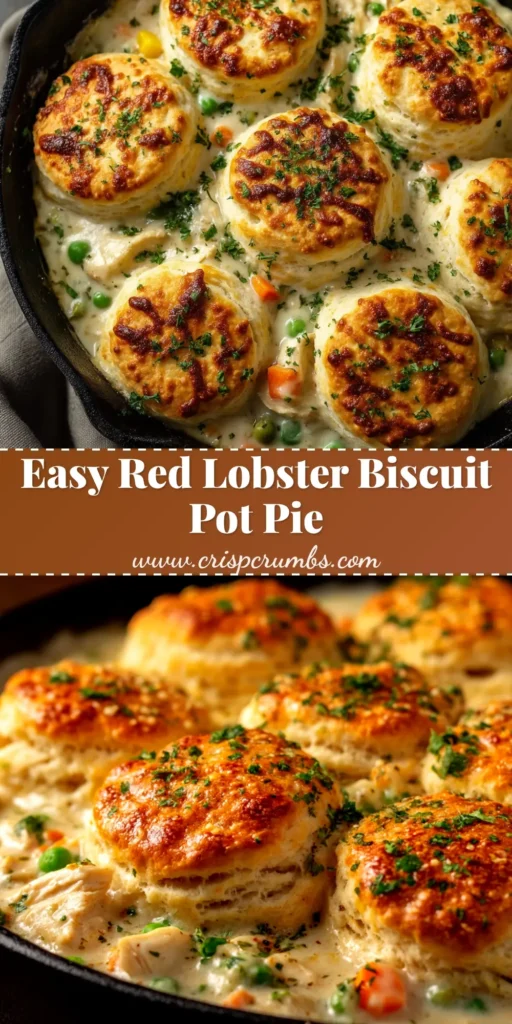 A delicious Red Lobster Biscuit Chicken Pot Pie in a white baking dish, showing the golden cheesy biscuit topping over a creamy filling.