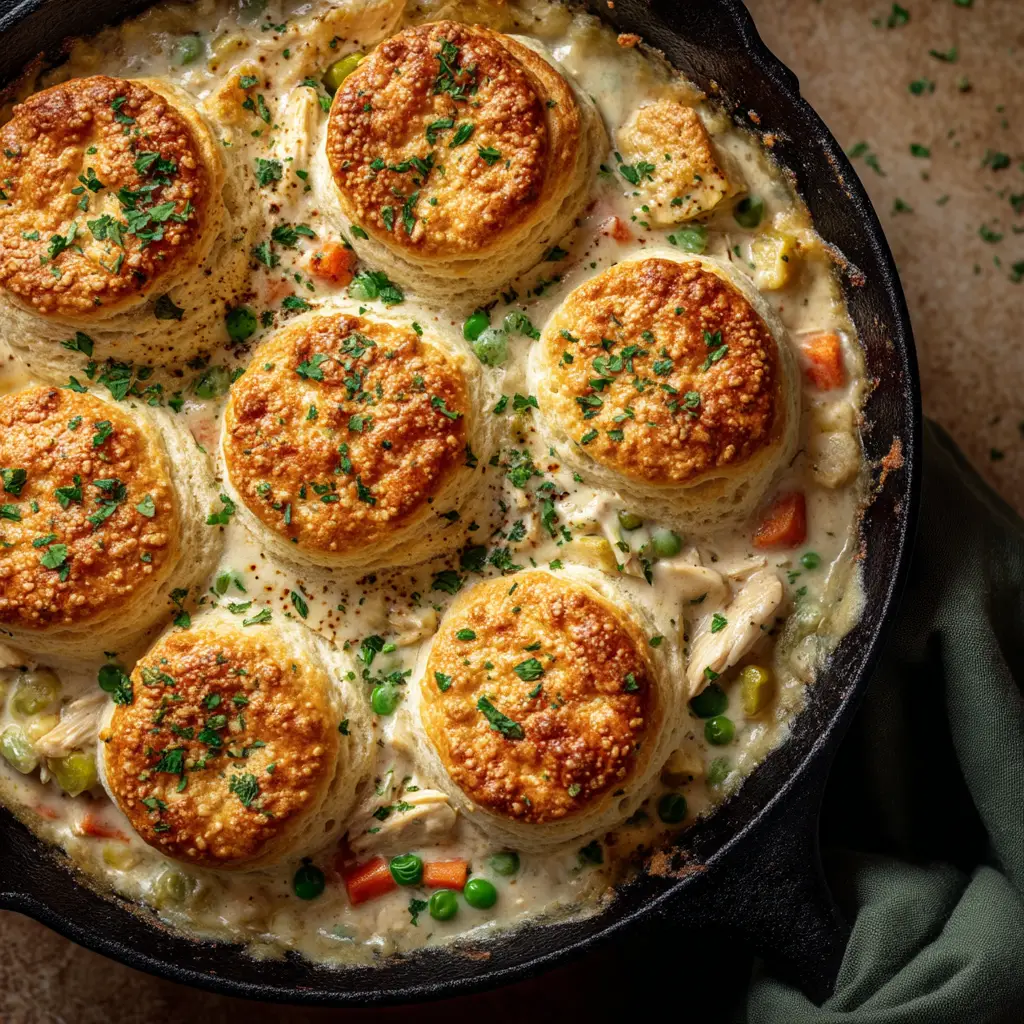 A serving of the Red Lobster Biscuit Chicken Pot Pie on a plate, showcasing a cross-section of the cheesy biscuit and savory filling.