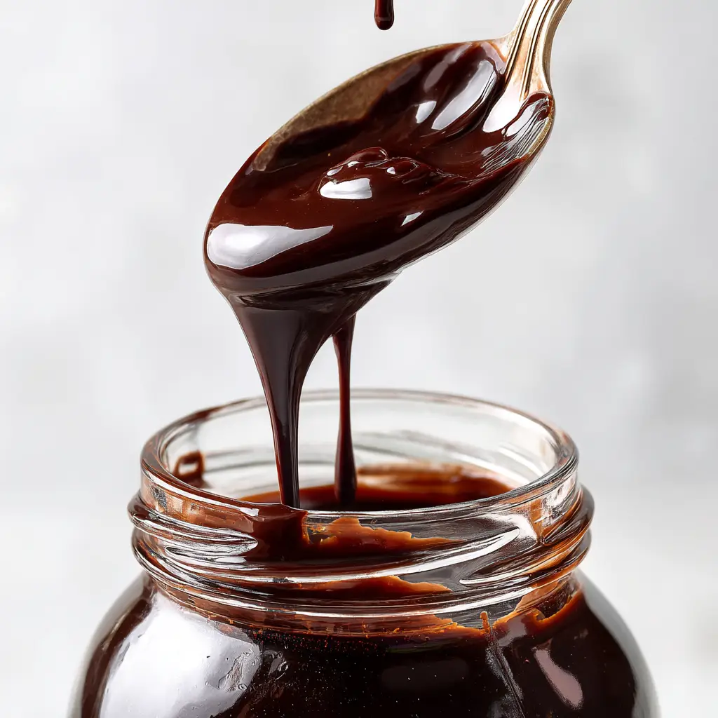 A close-up of rich, dark chocolate topping being poured from a jar, highlighting its perfect, silky texture.