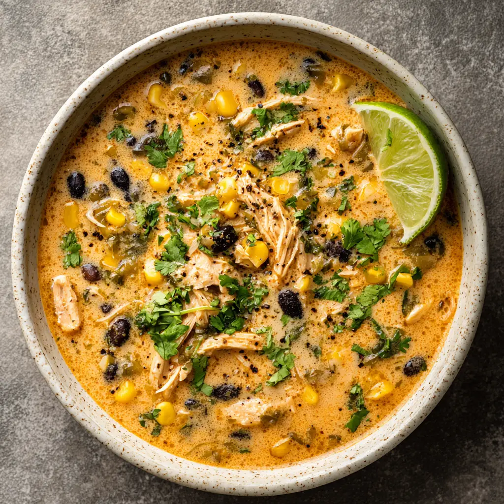 A spoonful of roasted poblano soup being lifted from a bowl, showing the creamy consistency and chunks of tender chicken and sweet corn.