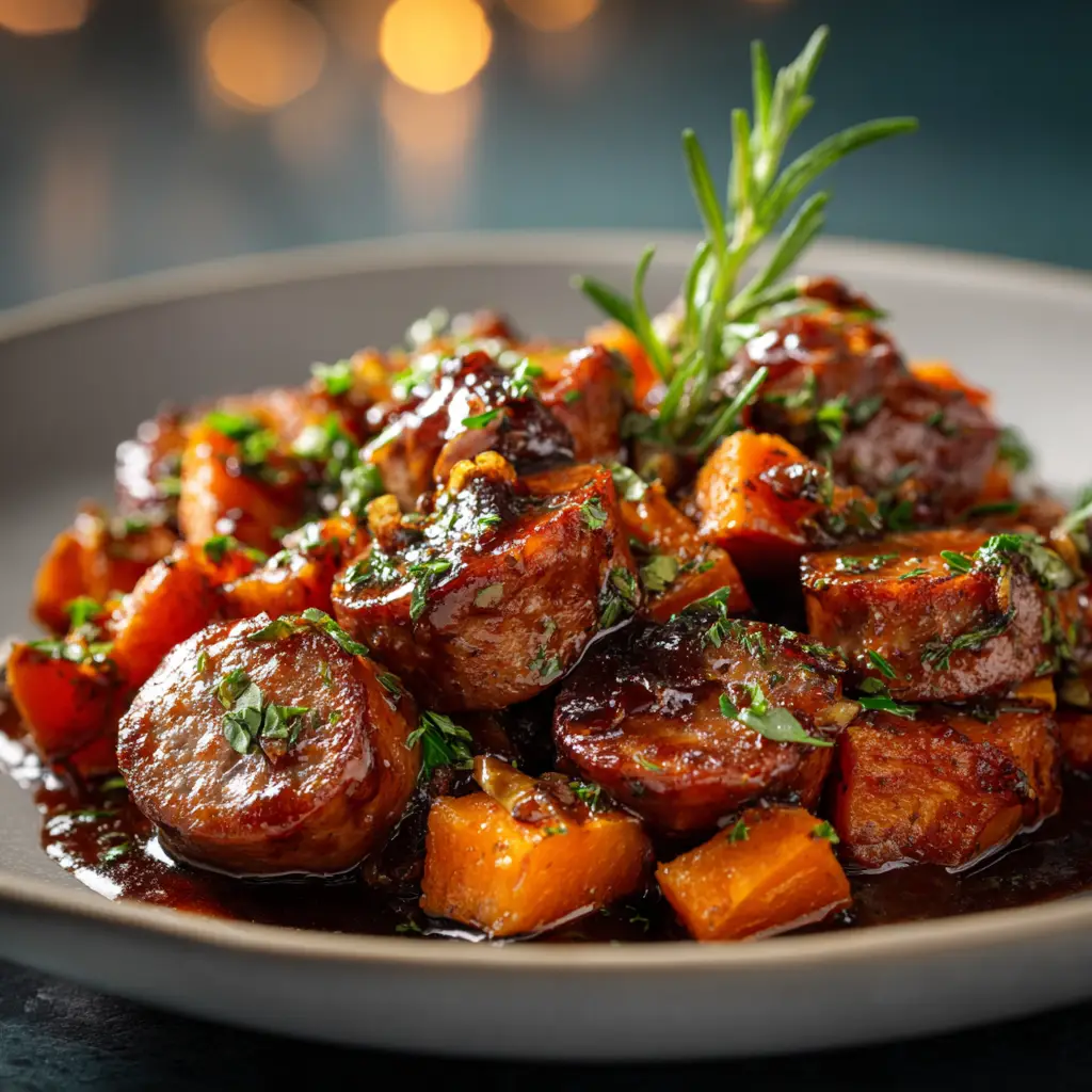 Another perspective of the rustic skillet meal, focusing on the roasted broccoli and sausage with sweet potatoes.