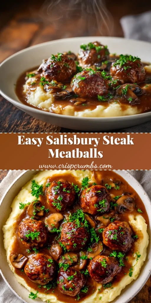 A top-down view of Salisbury Steak Meatballs in a skillet, smothered in rich mushroom and onion gravy, garnished with fresh parsley.