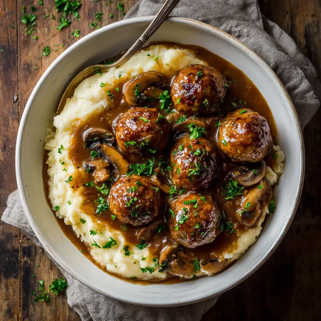 A serving of Salisbury Steak Meatballs plated over creamy mashed potatoes, ready to be eaten.