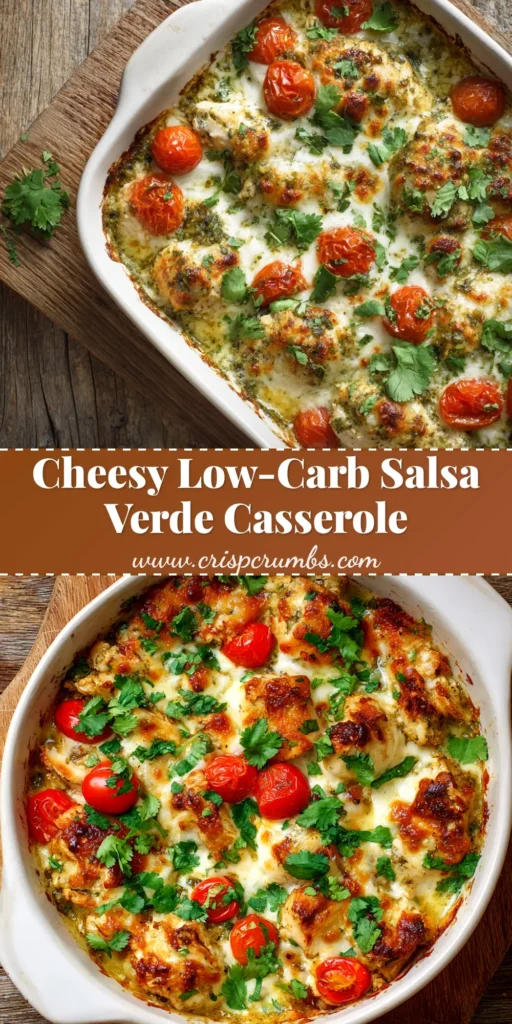 An overhead shot of a freshly baked Salsa Verde Chicken Casserole in a casserole dish, ready to be served. The cheese is golden brown and bubbly.