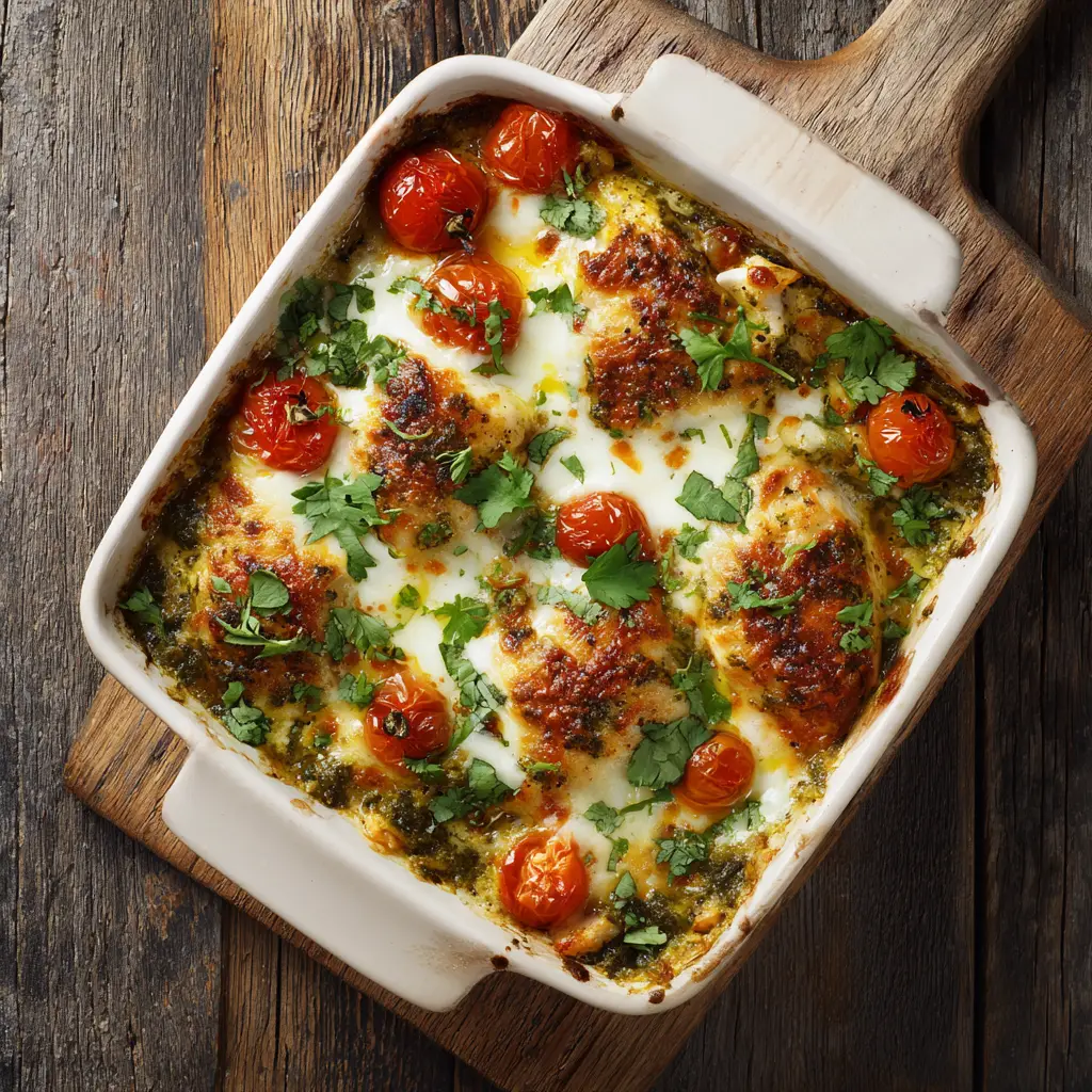 A single serving of the baked salsa verde chicken casserole on a plate, garnished with fresh cilantro and a lime wedge.