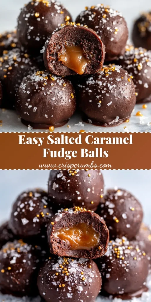 A close-up shot of several salted caramel fudge balls arranged on a plate, with a text overlay that reads 'Easy No-Bake Salted Caramel Fudge Balls'.