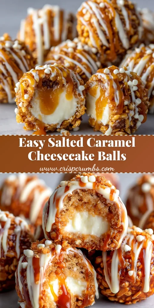 A platter of Salted Caramel Pretzel Cheesecake Balls, coated in chocolate and crushed pretzels, with one cut open to show the creamy cheesecake and caramel center.