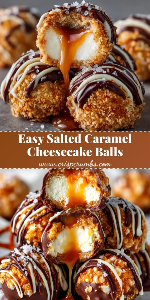 A close-up of Salted Caramel Pretzel Cheesecake Balls on a white plate, drizzled with caramel and sprinkled with sea salt.