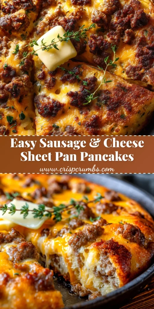A savory slice of sausage cheese sheet pan pancakes on a white plate, drizzled with maple syrup, showcasing a fluffy texture with melted cheese.