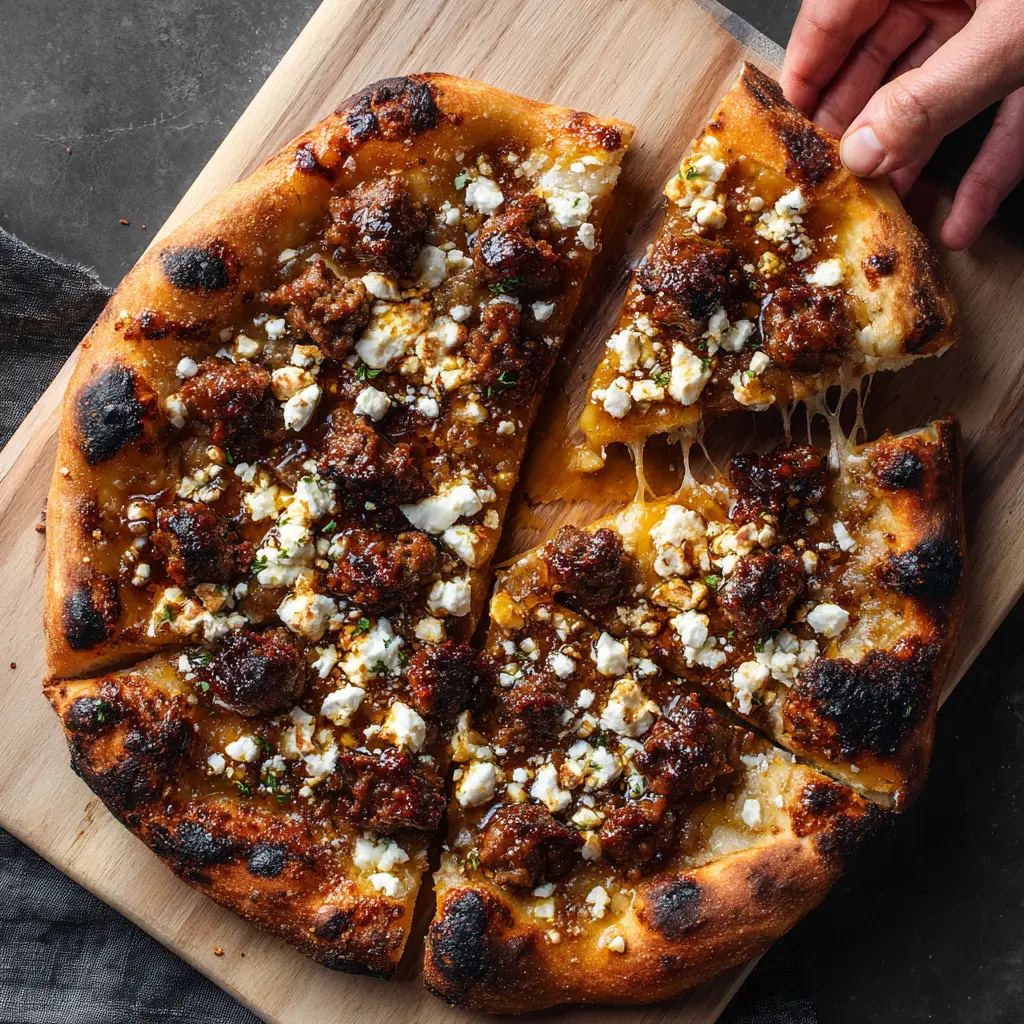 A slice of sausage feta honey pizza being lifted from the whole pie, showing a perfect cheese pull and the delicious toppings.