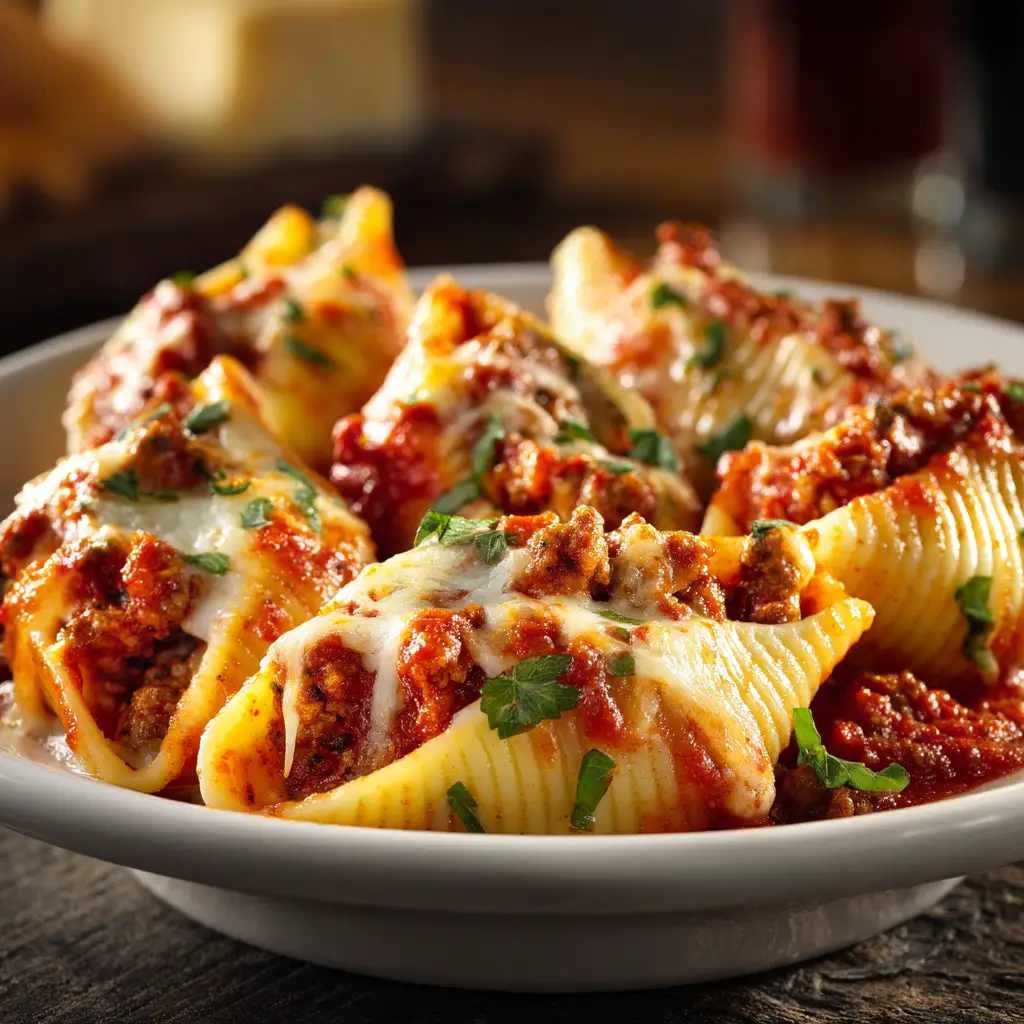 A single sausage stuffed shell on a plate, showing the rich and creamy sausage and ricotta filling.