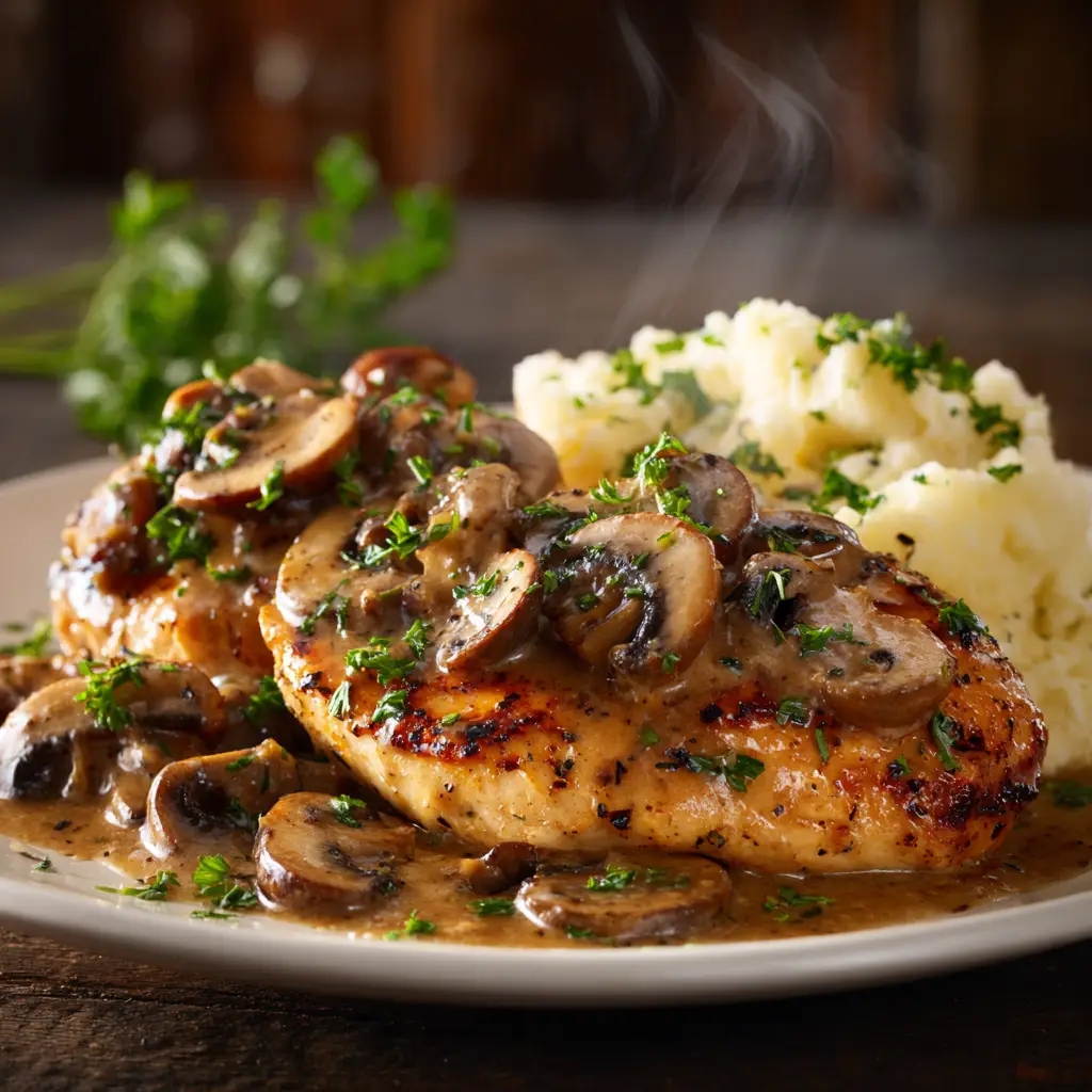 Step-by-step process shot showing sliced mushrooms and onions being sautéed in a pan for the smothered chicken topping.