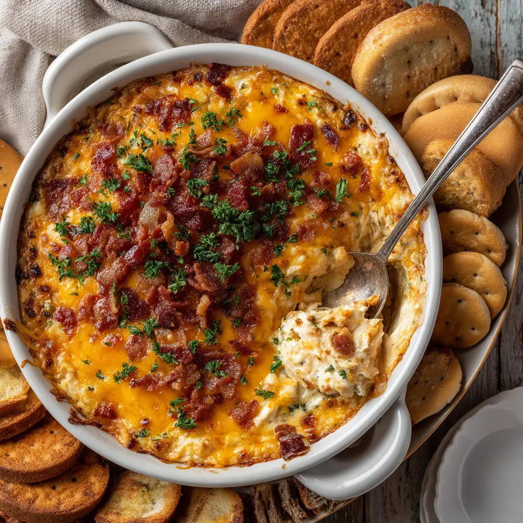 A close-up of a tortilla chip scooping up a generous amount of the Velveeta sausage dip, showing its gooey texture.