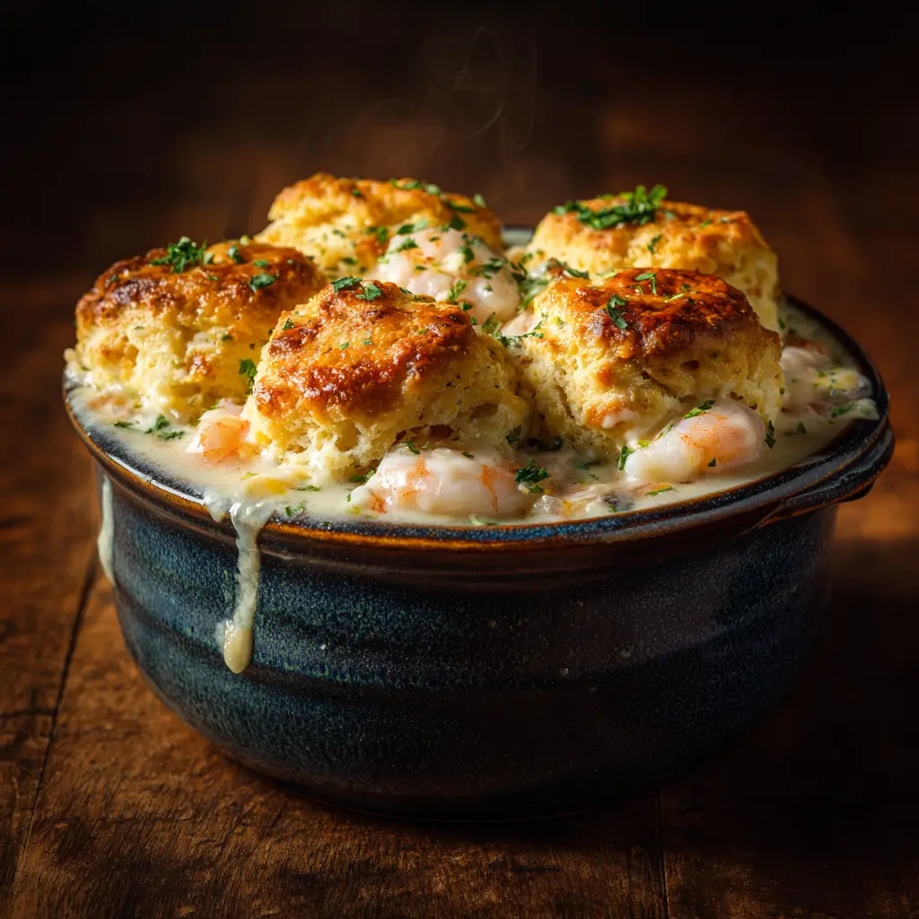 A spoonful of the seafood pot pie filling being lifted from the dish, showing the creamy sauce and chunks of seafood.
