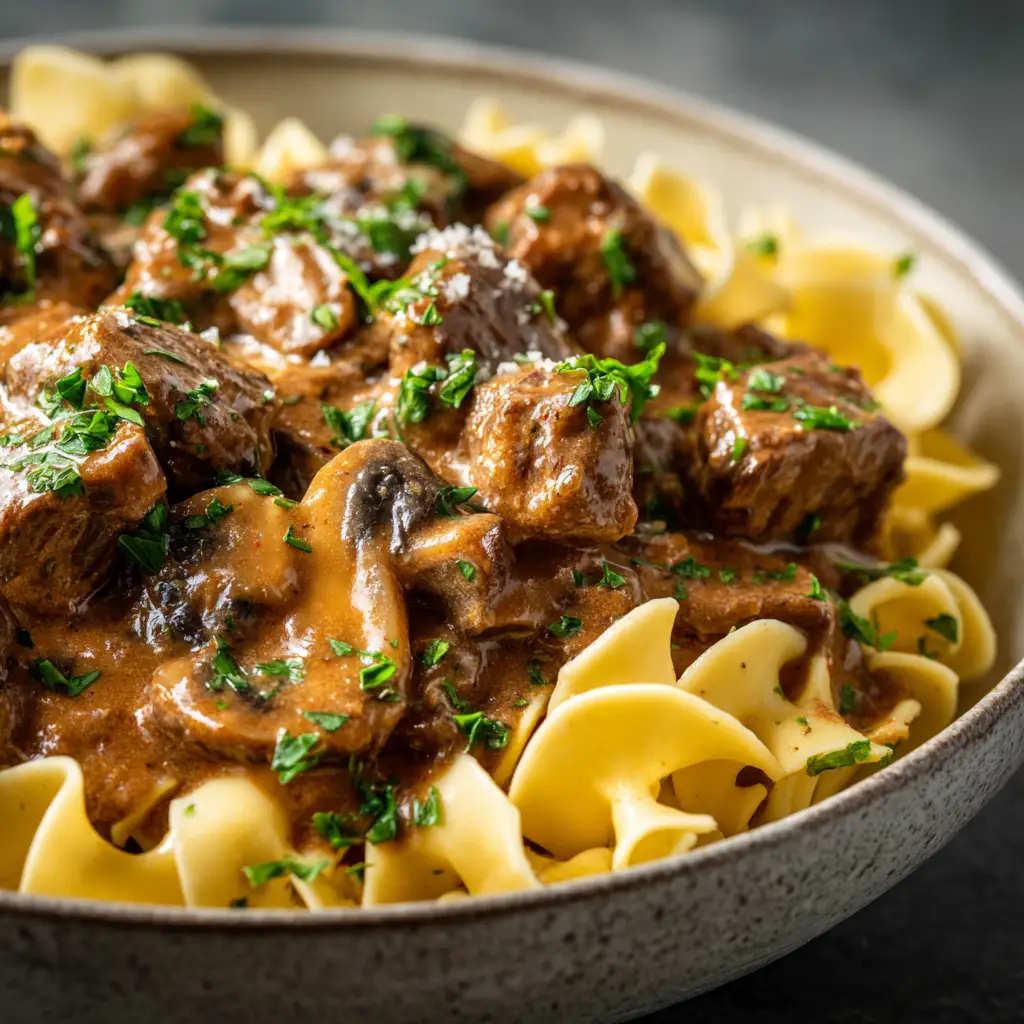 Searing beef strips in a hot skillet for the best beef stroganoff recipe. The beef is browned to perfection to build a flavorful base for the sauce.