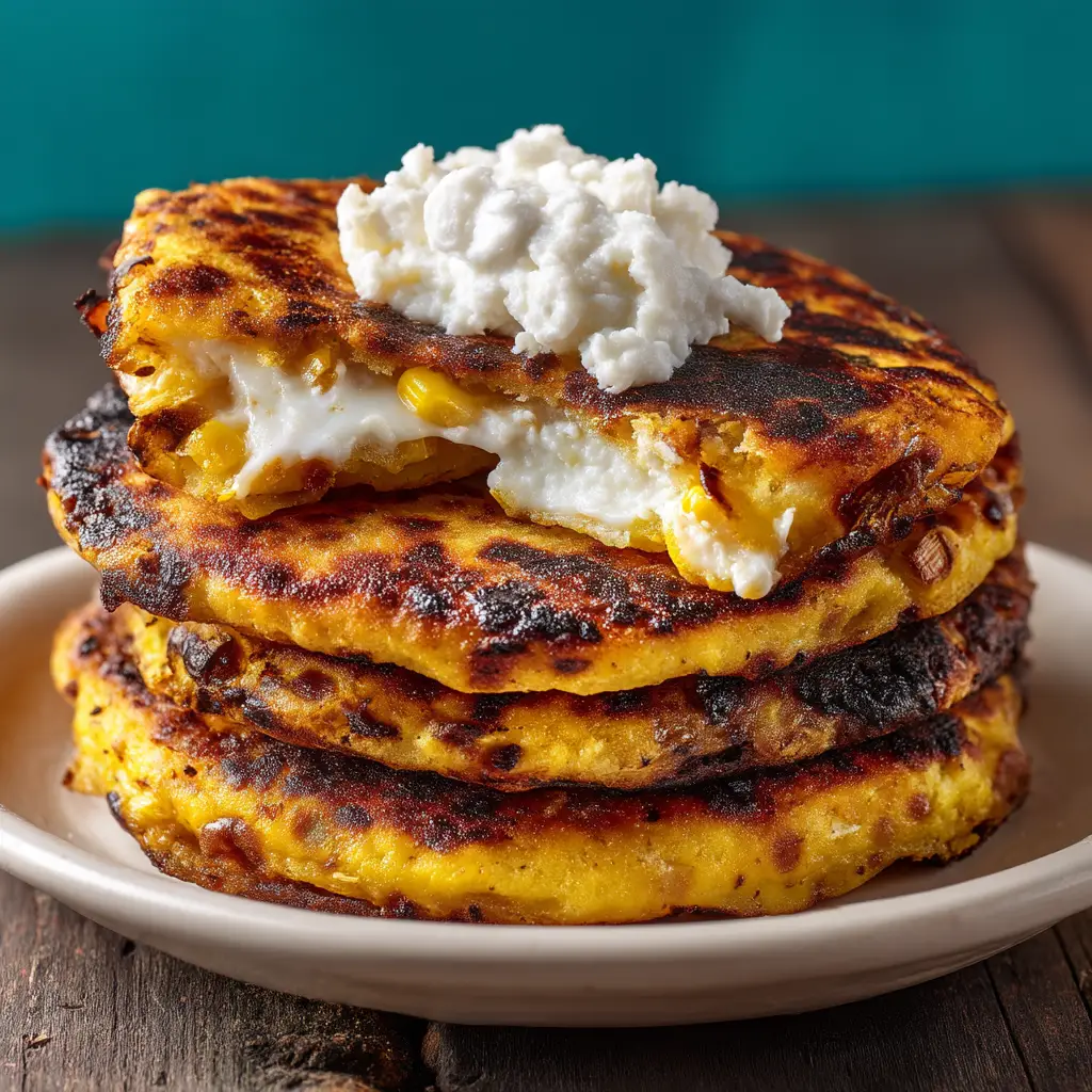 A final plated cachapa, folded in half with melted cheese visible, served hot and ready to eat.