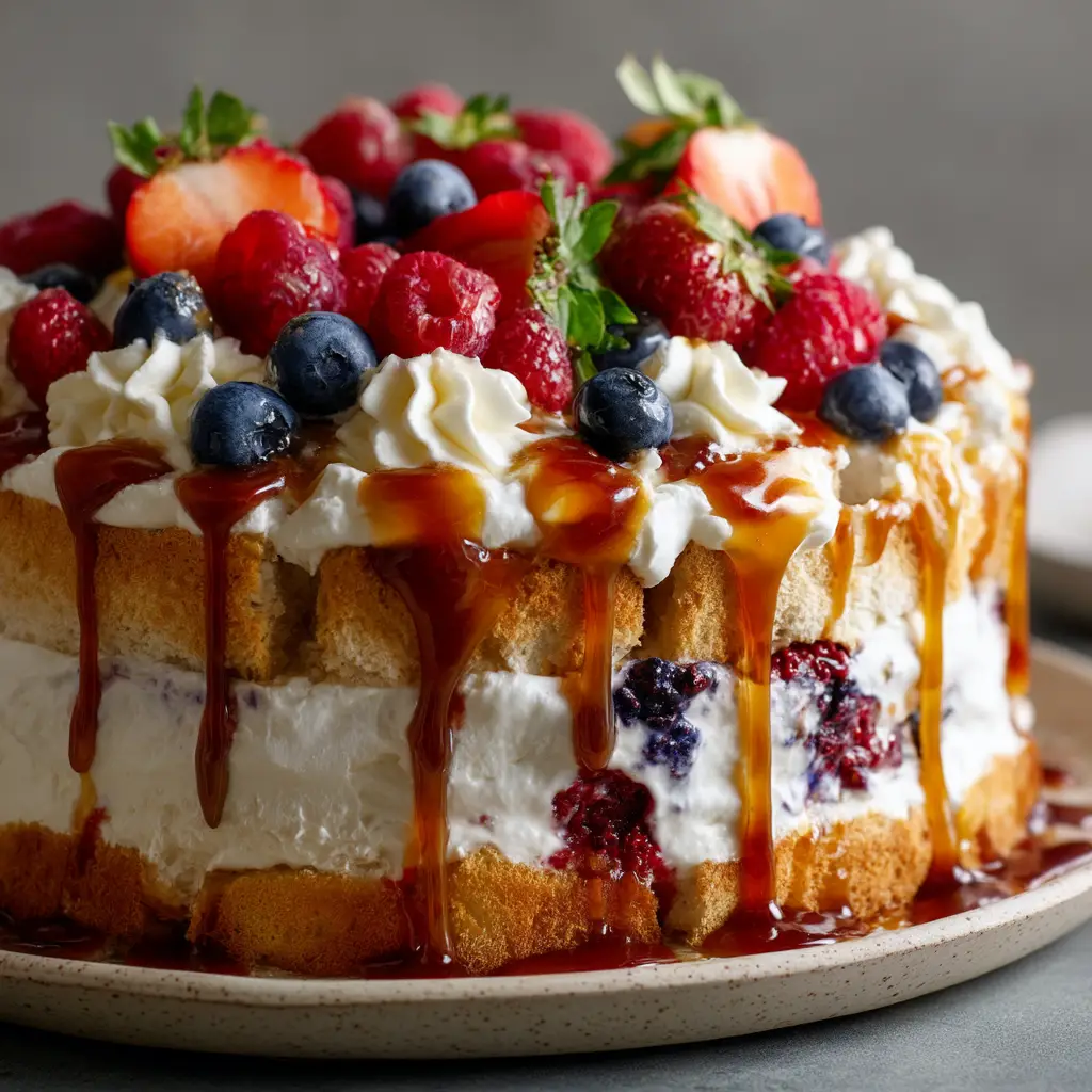 A spoonful of berry trifle being lifted from the dish, showing the texture of the cake, fruit, and cream filling.
