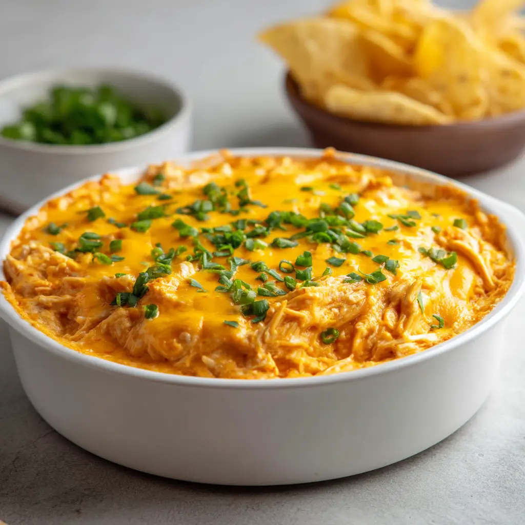 A bowl of buffalo chicken dip being scooped with a tortilla chip, highlighting its smooth, dip-able consistency.