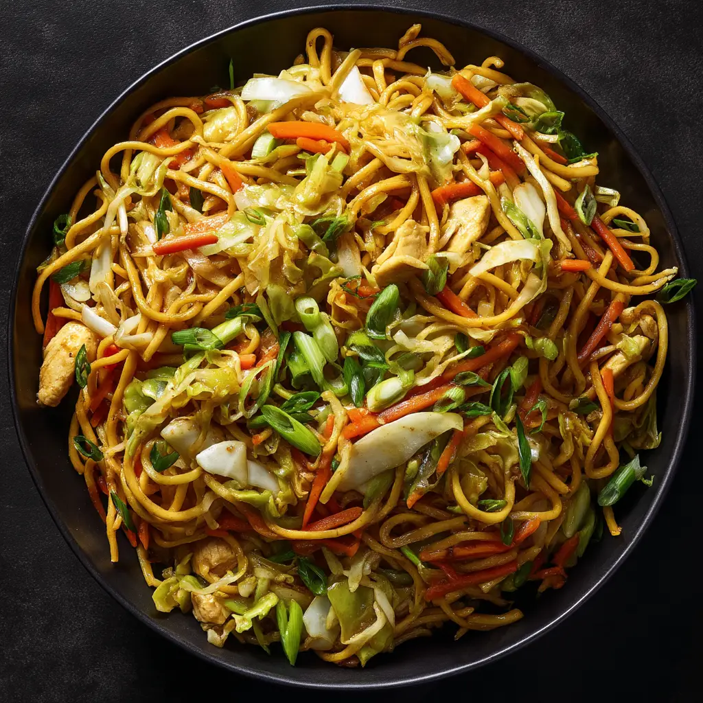 A serving of chicken chow mein being picked up with chopsticks, highlighting the savory sauce coating the noodles and vegetables.