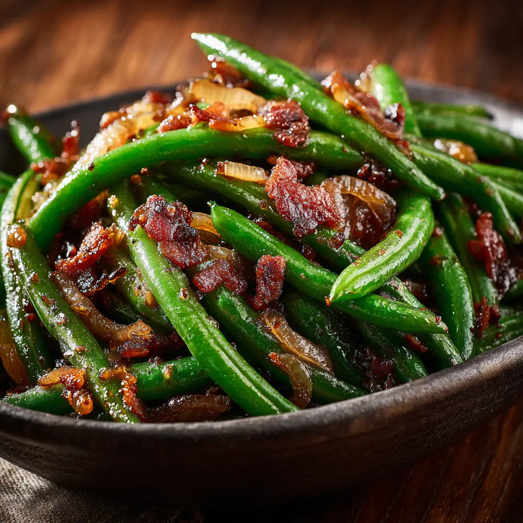 A serving spoon lifting a scoop of crack green beans from a platter, demonstrating the delicious, saucy texture of the final dish.