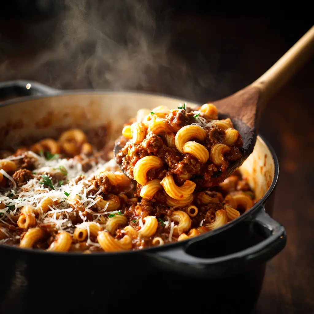 A spoonful of the easy goulash recipe, showing the rich tomato sauce, ground beef, and macaroni pasta.