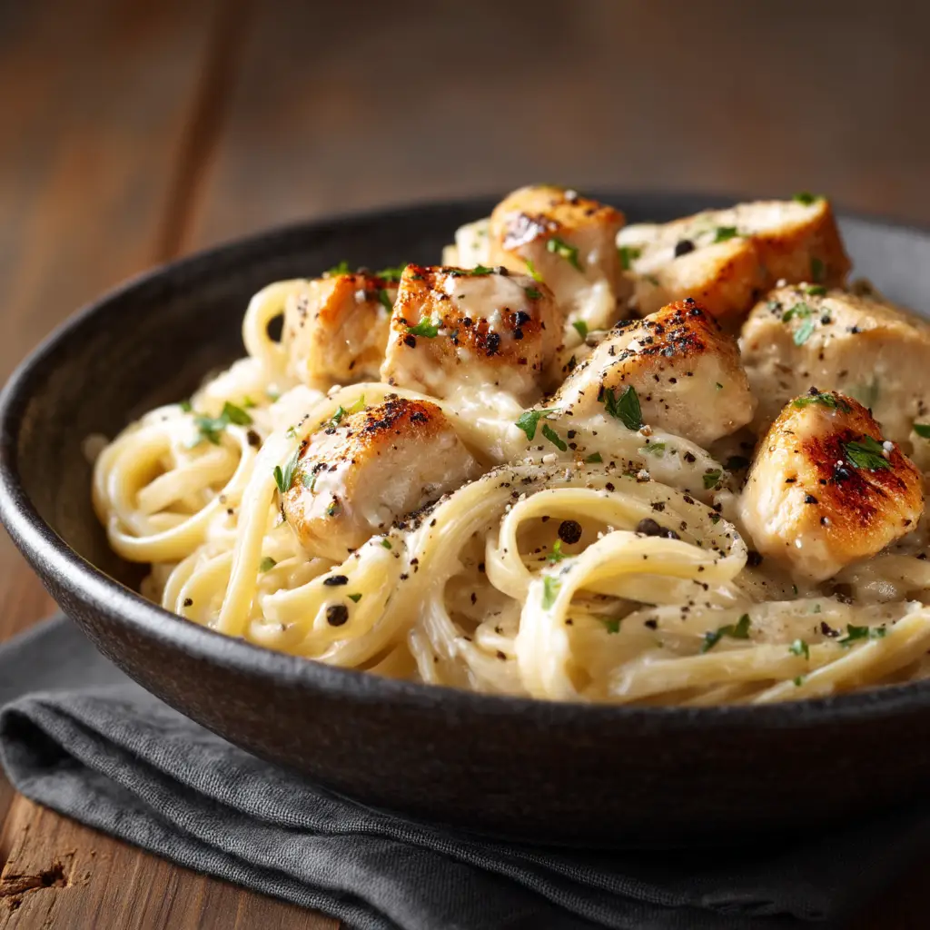 A fork twirling fettuccine from a bowl of garlic butter chicken pasta, showcasing the perfectly cooked noodles and chicken chunks.